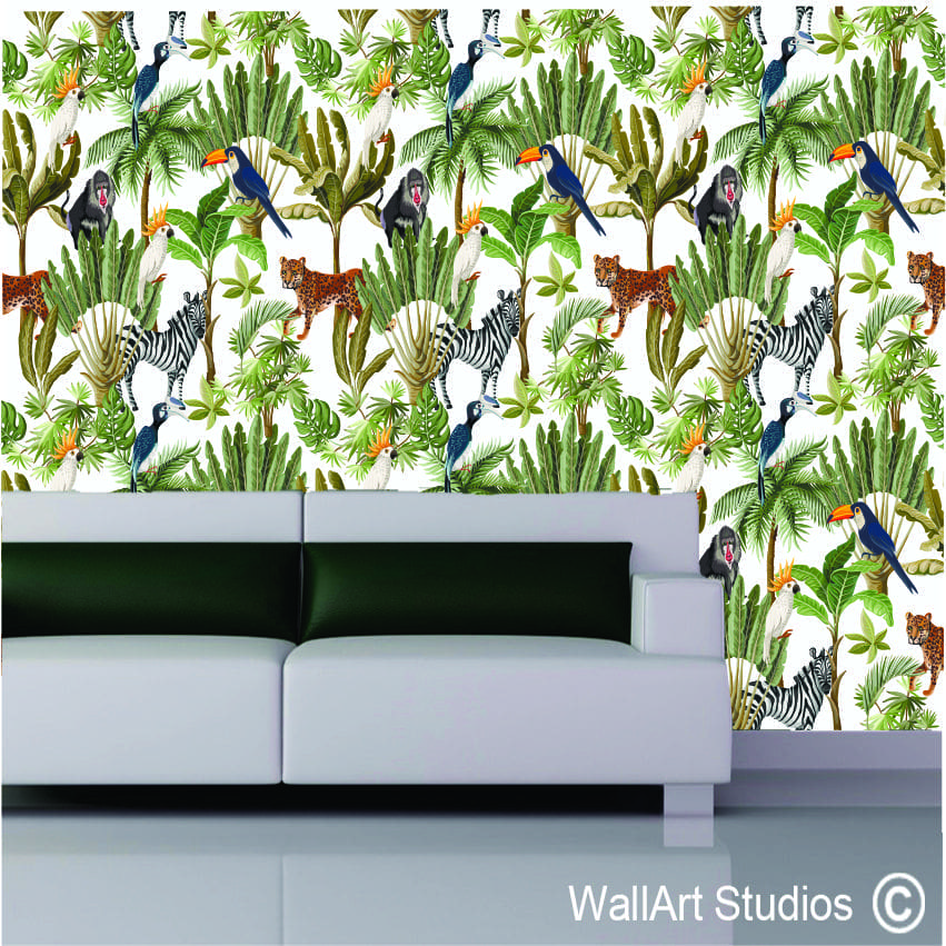 Exotic Jungle Animal Wallpaper White