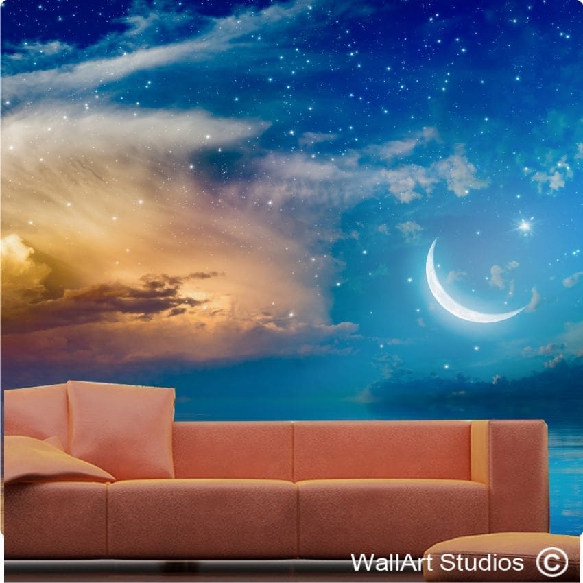 Crescent Moon, Stars & Clouds above Serene Sea